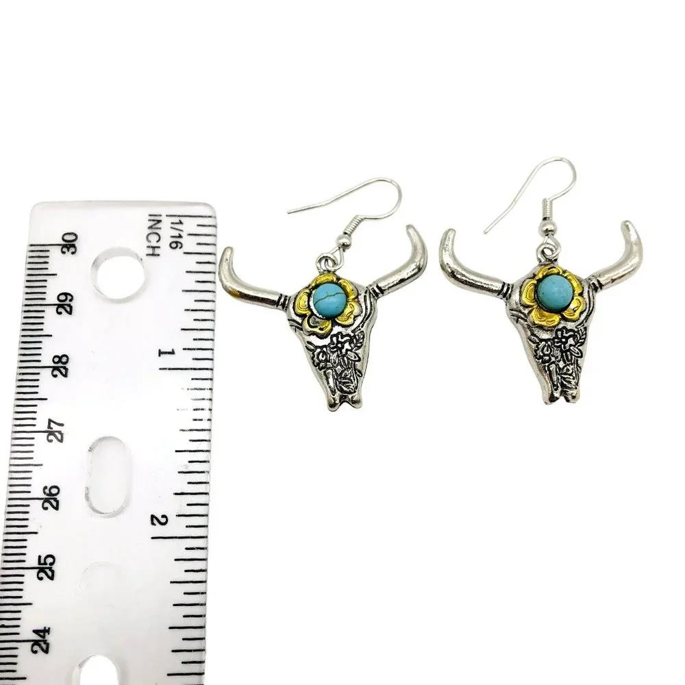 Steer Head Earrings Silver and Faux Turquoise